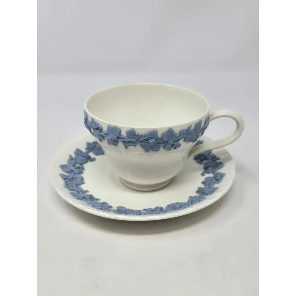 VINTAGE WEDGWOOD EMBOSSED QUEEN'S WARE WHITE & BLUE TEA CUP & SAUCER SET KITCHEN